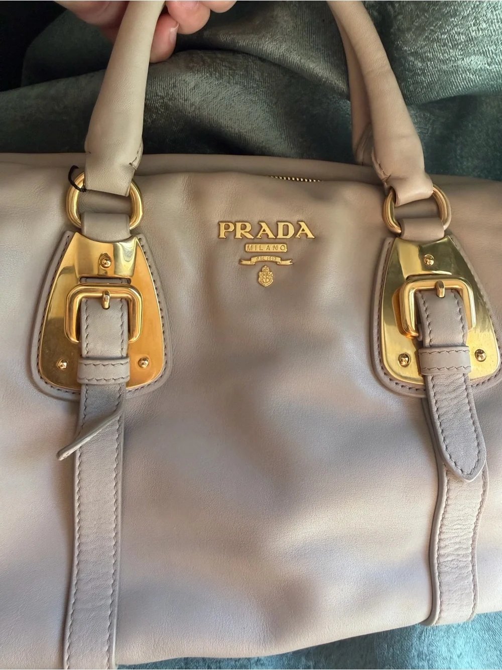 Prada Soft Calfskin Shopping Satchel in Sabbia with gold-tone hardware